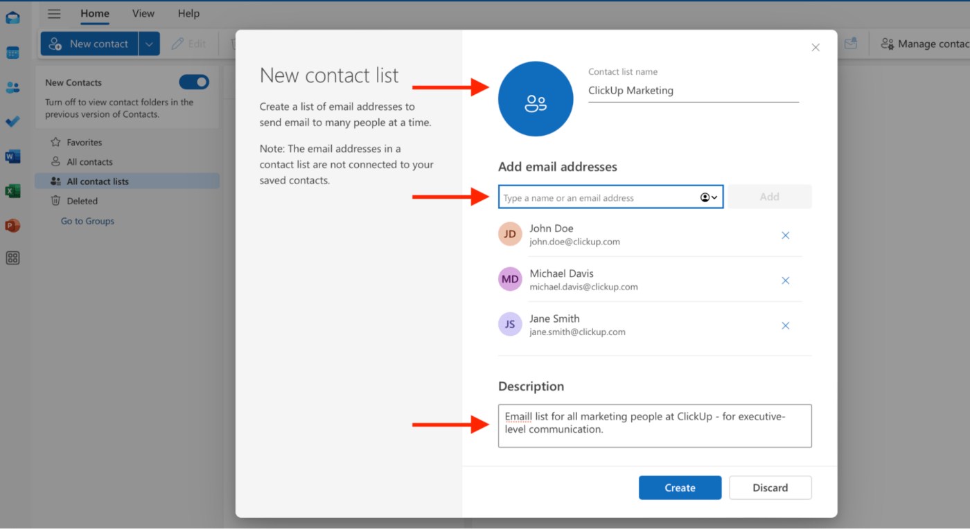 Adding people to a contact list in Outlook