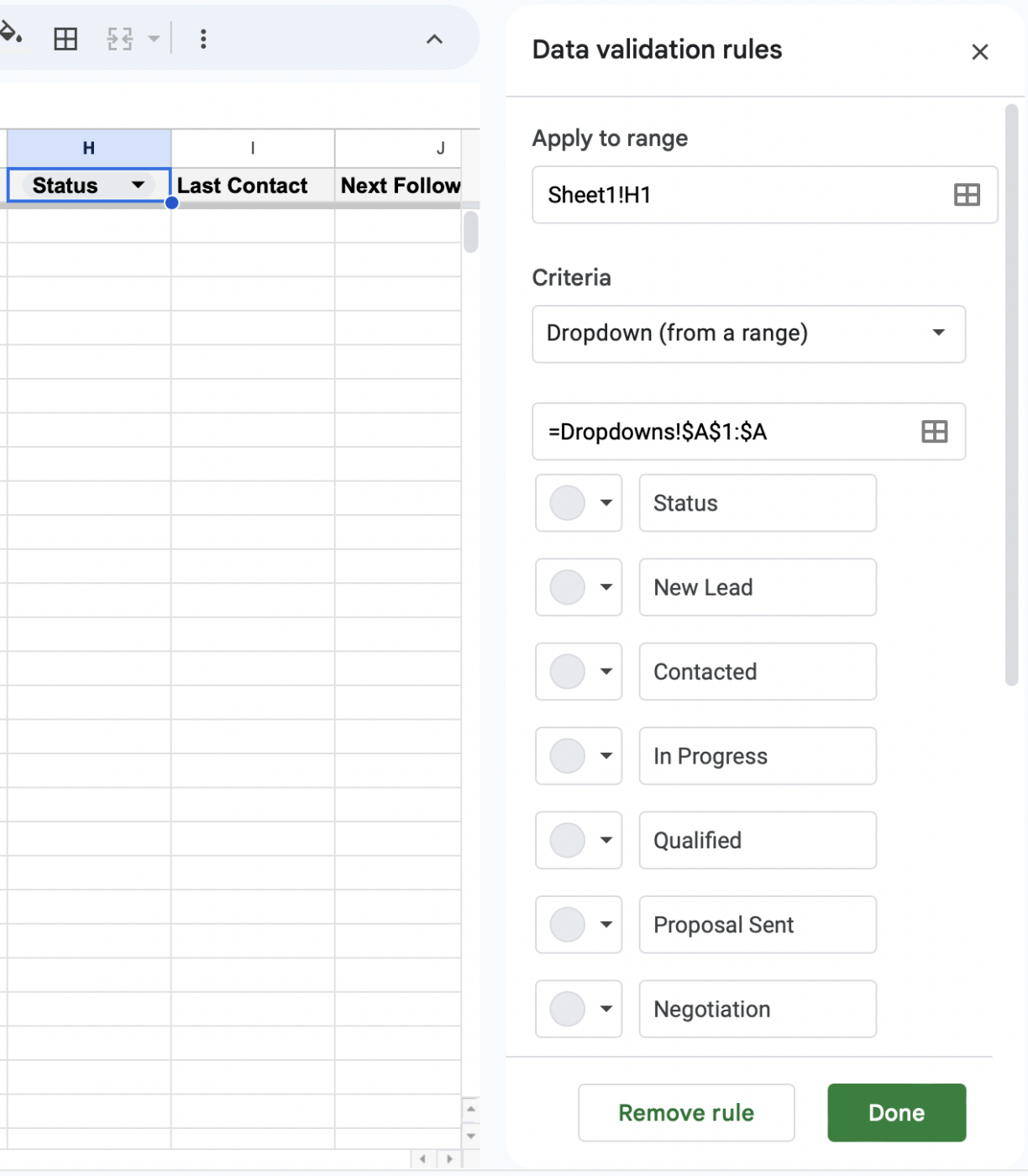 Menambahkan nilai ke menu dropdown di spreadsheet crm Google Sheets