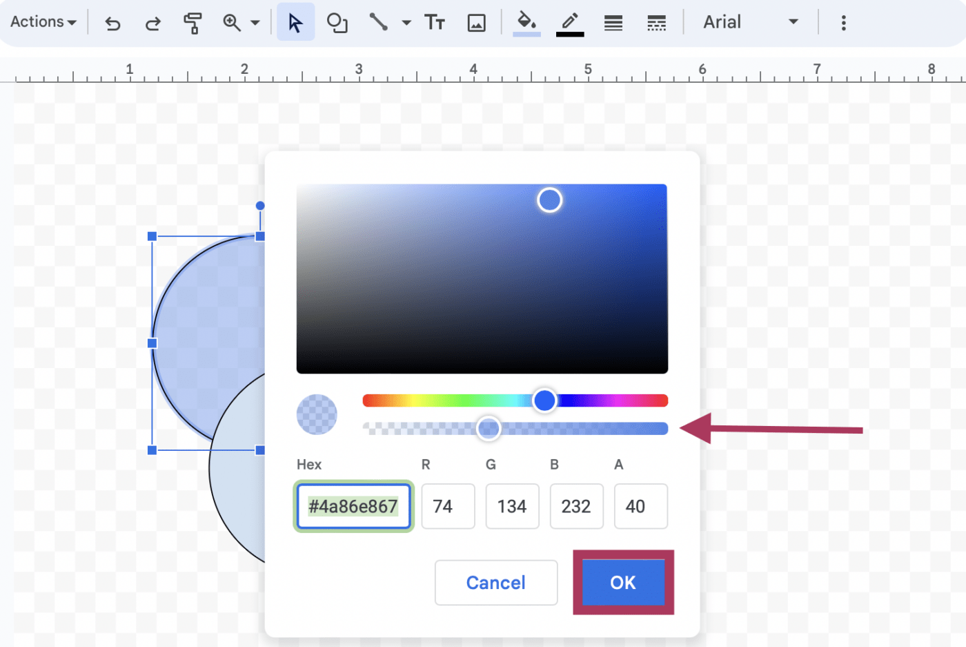 Het transparantieniveau aanpassen voor gekleurde vormen in Google Documenten