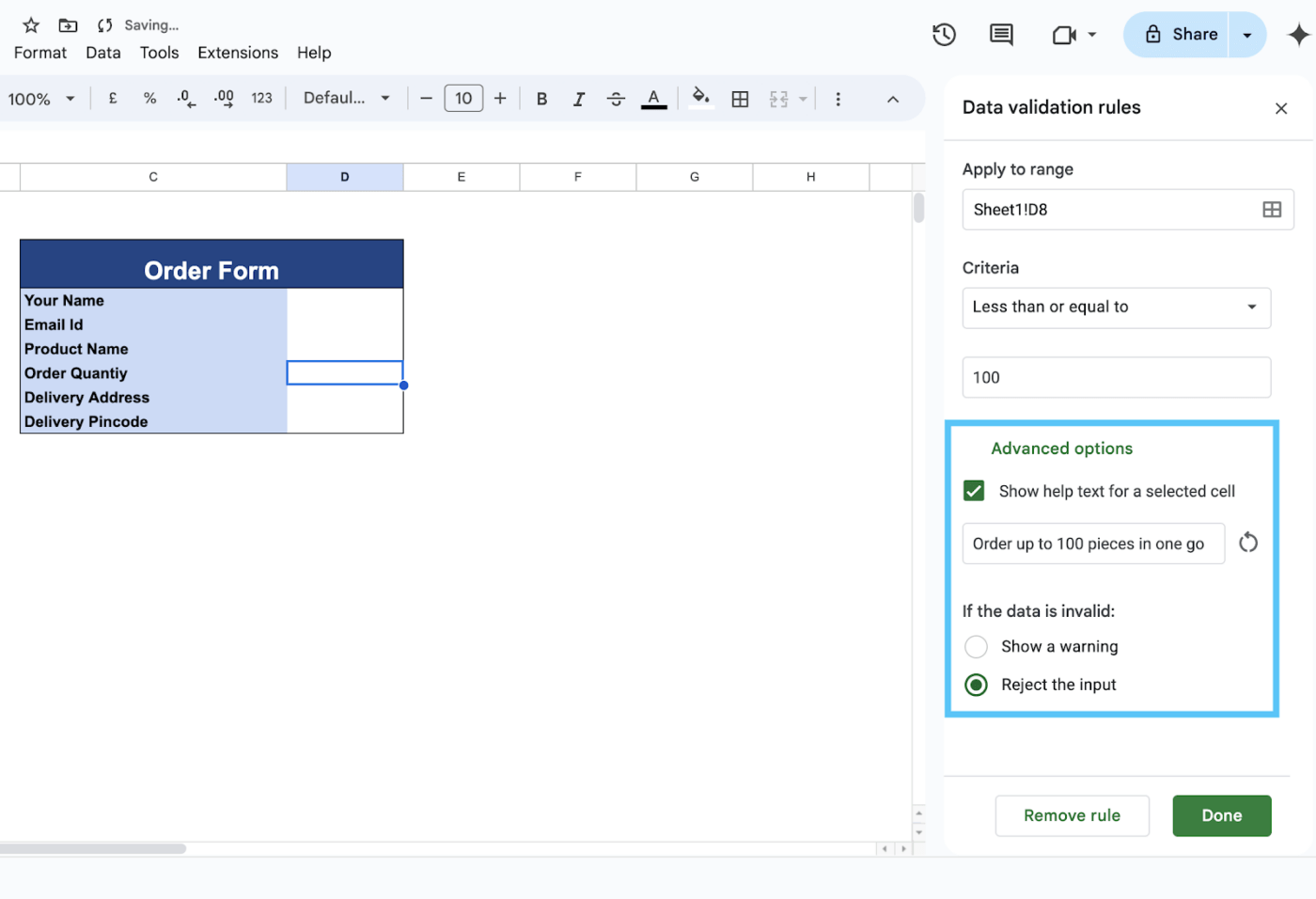 Définition du message d'erreur d'une règle de validation des données