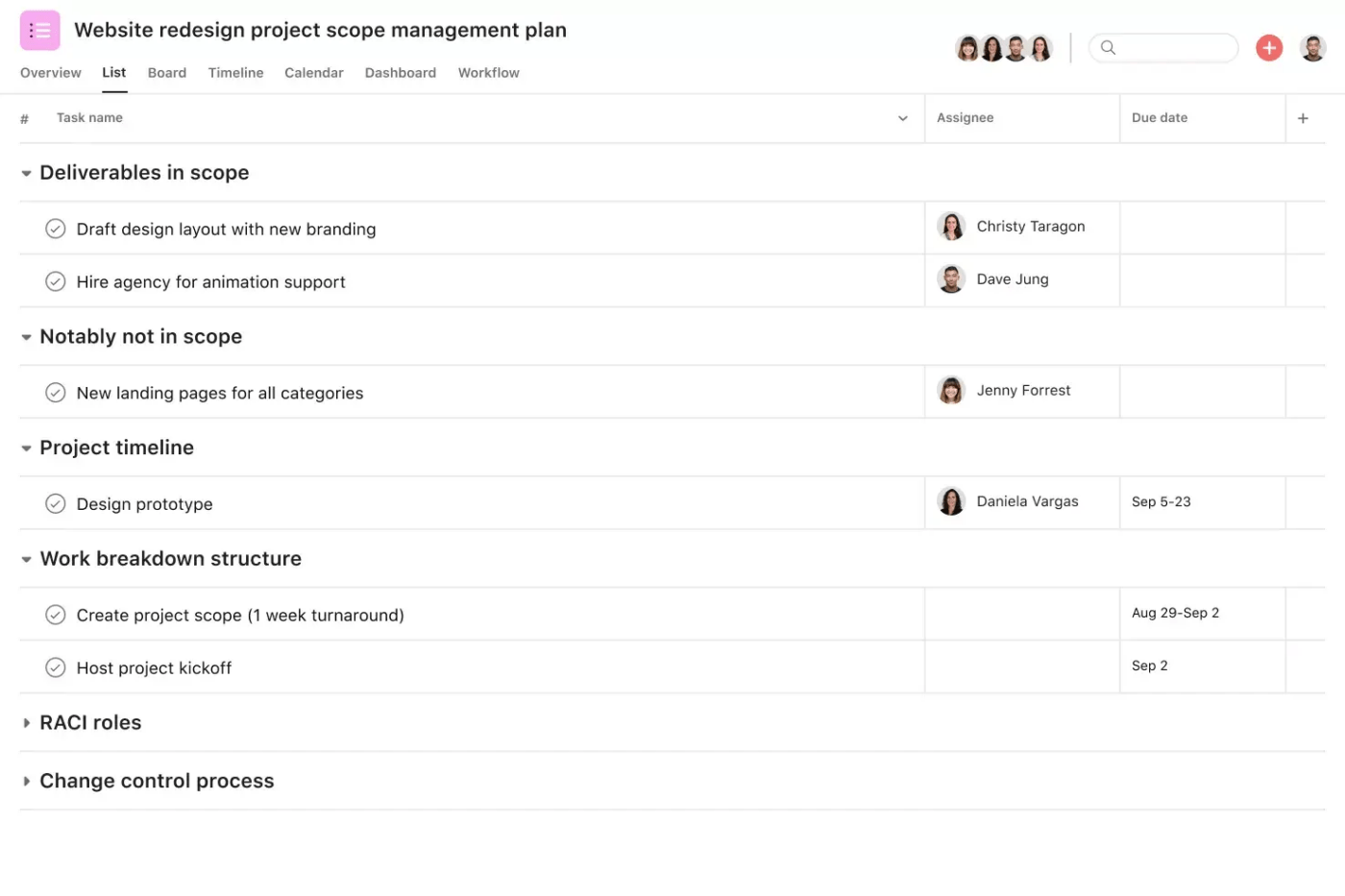 Plantilla del plan de gestión del alcance de proyectos de Asana