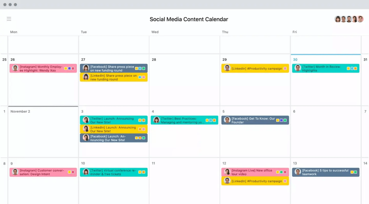 Modello di calendario per i social media di Asana