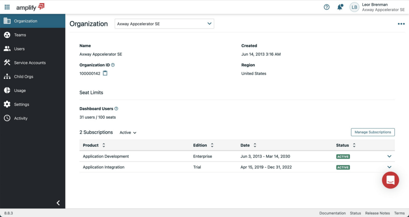 Axway MFT cloud services dashboard