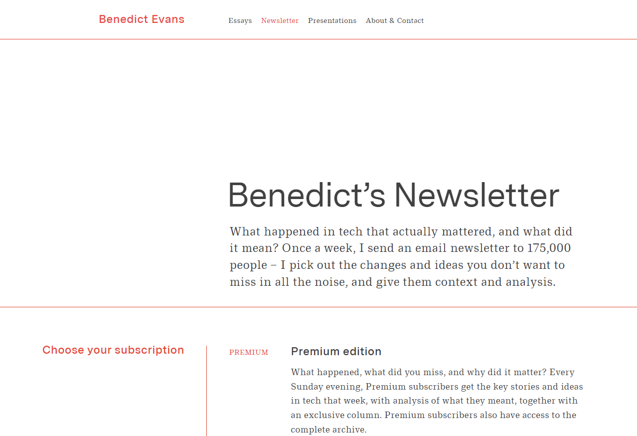 A screenshot of Benedict's Newsletter home page