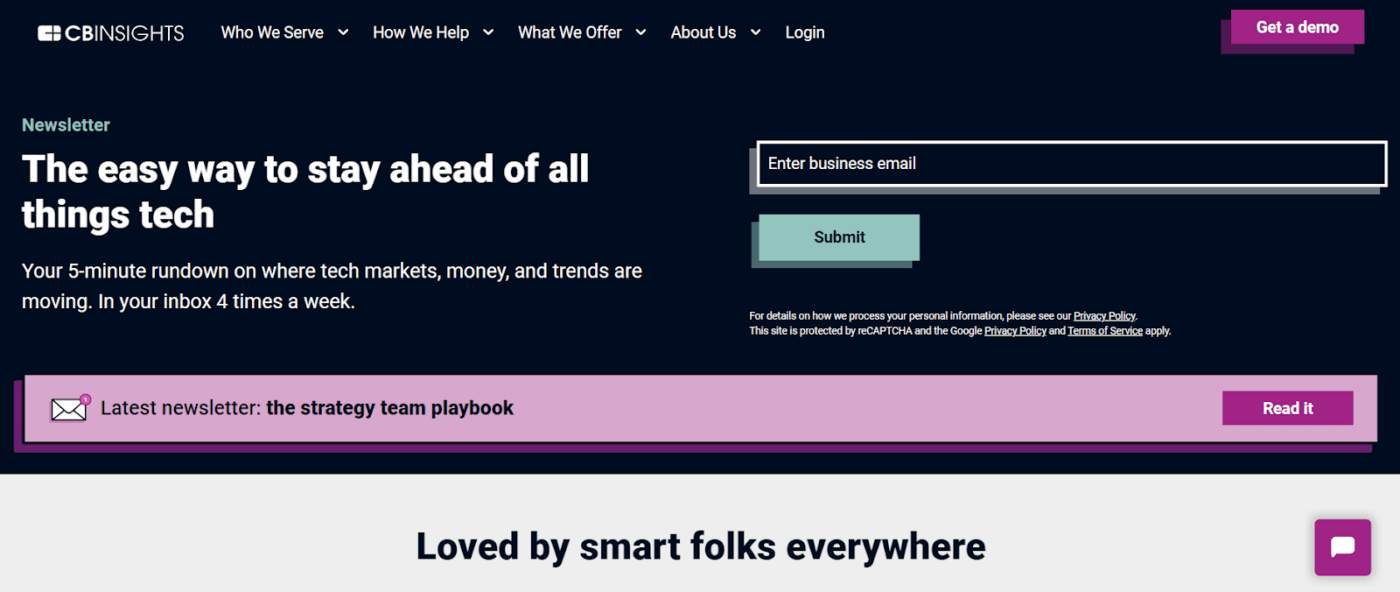 Uno screenshot della pagina iniziale della newsletter tecnologica CB Insights