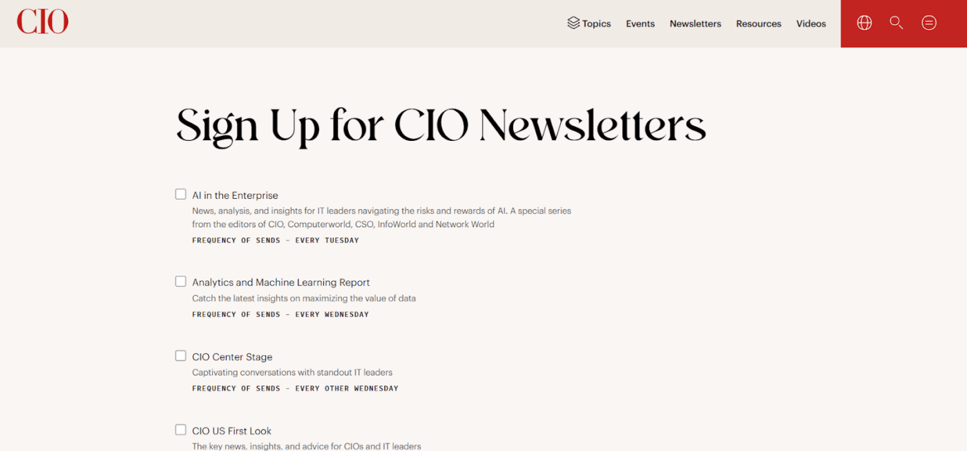 A screenshot of CIO tech newsletter's sign up page