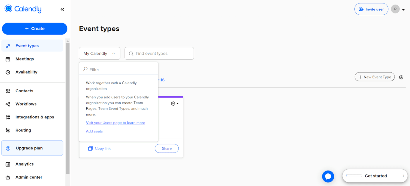 Painel de controle do Calendly