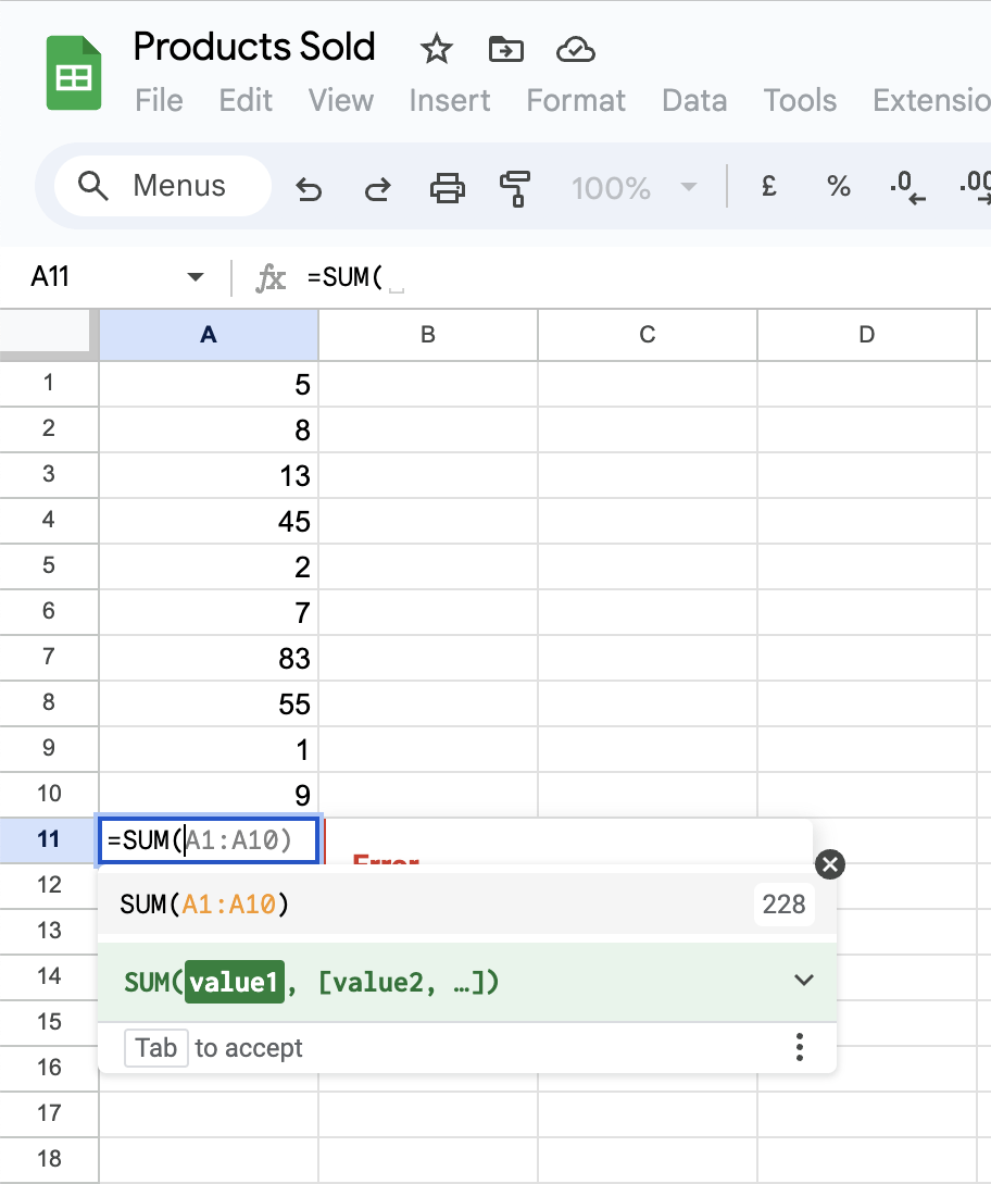 Celbereik in Google Spreadsheets