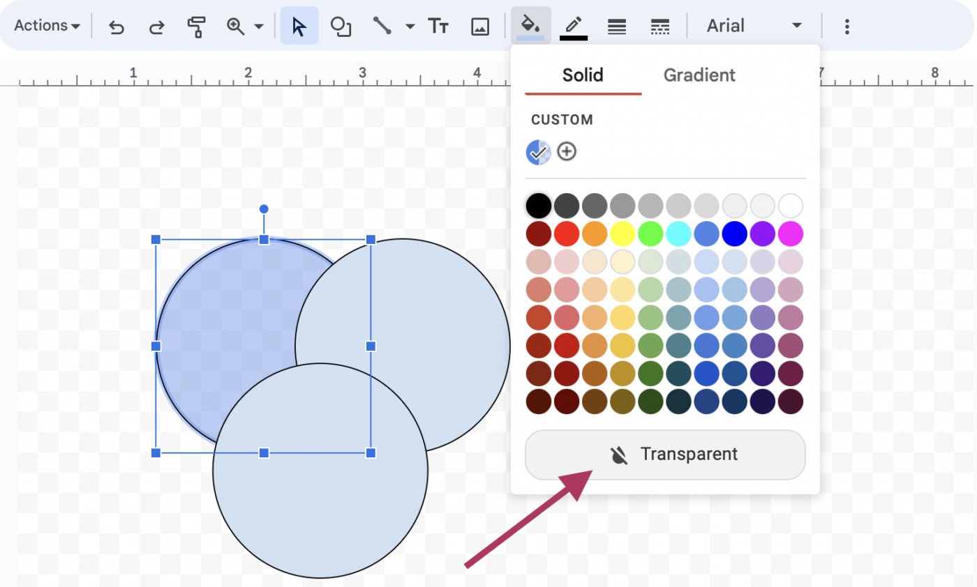 Escolha a opção "Transparent" (Transparente) se não quiser adicionar nenhuma cor a uma forma no Google Docs