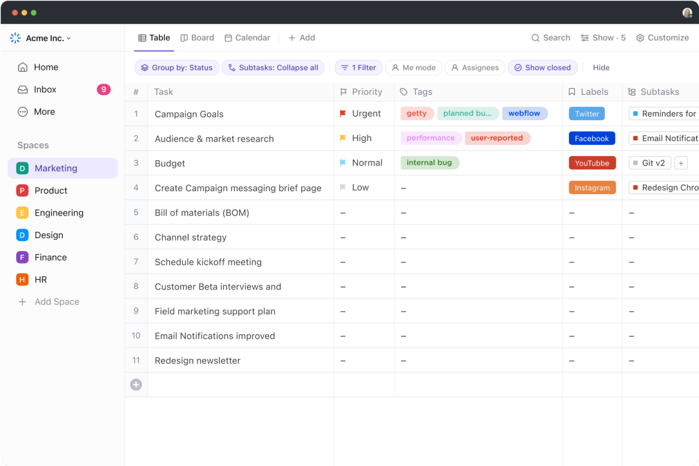 Organize tasks, set their priorities, and add tags and labels to them in ClickUp Table View