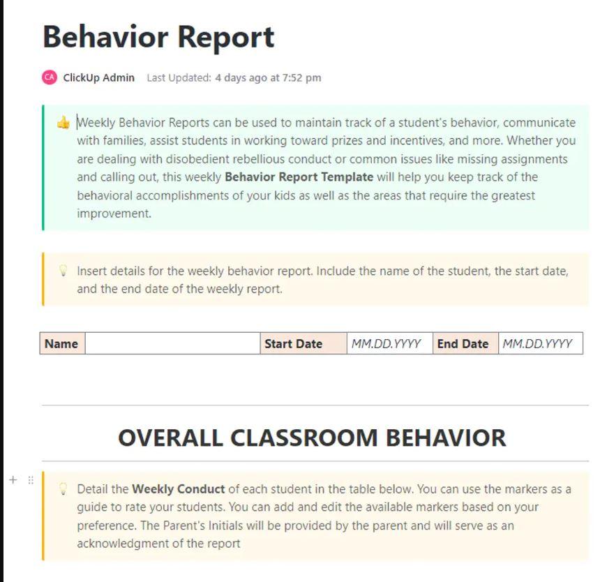 ClickUp Behavior Report Template