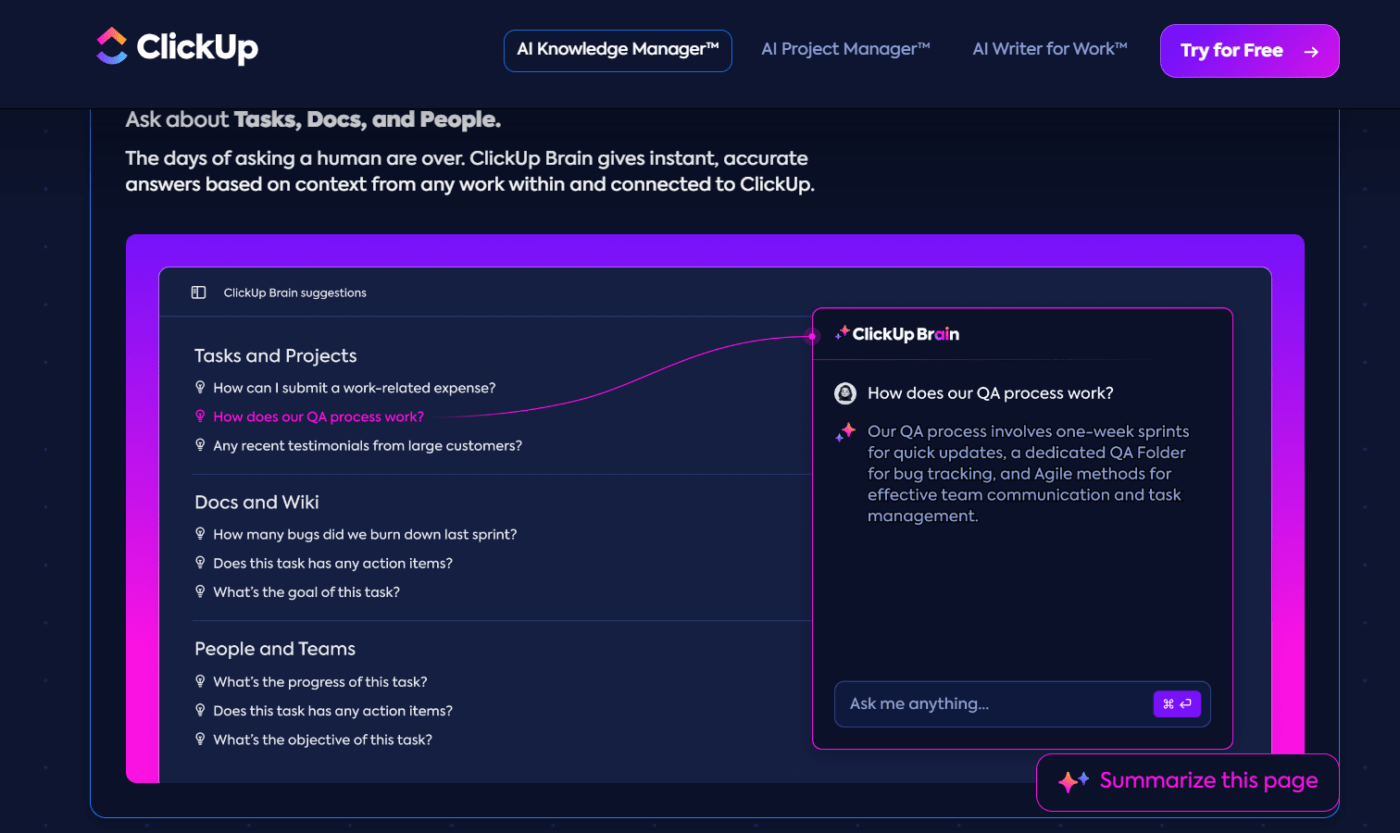 ClickUp Brain’s AI Knowledge Manager 