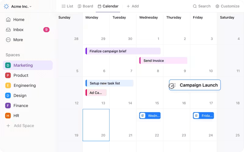 Vue du calendrier ClickUp pour la boxe temporelle