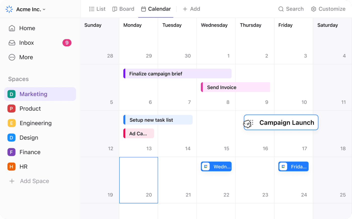 Come guarire dal burnout: Aggiungere blocchi di tempo per il lavoro e per le pause, con la visualizzazione del Calendario di ClickUp