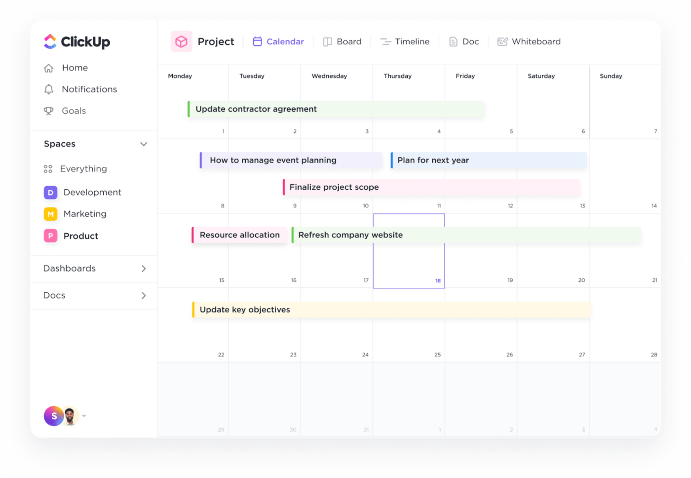 Mantenha todos alinhados e gerencie cronogramas sem problemas com o ClickUp Calendar View