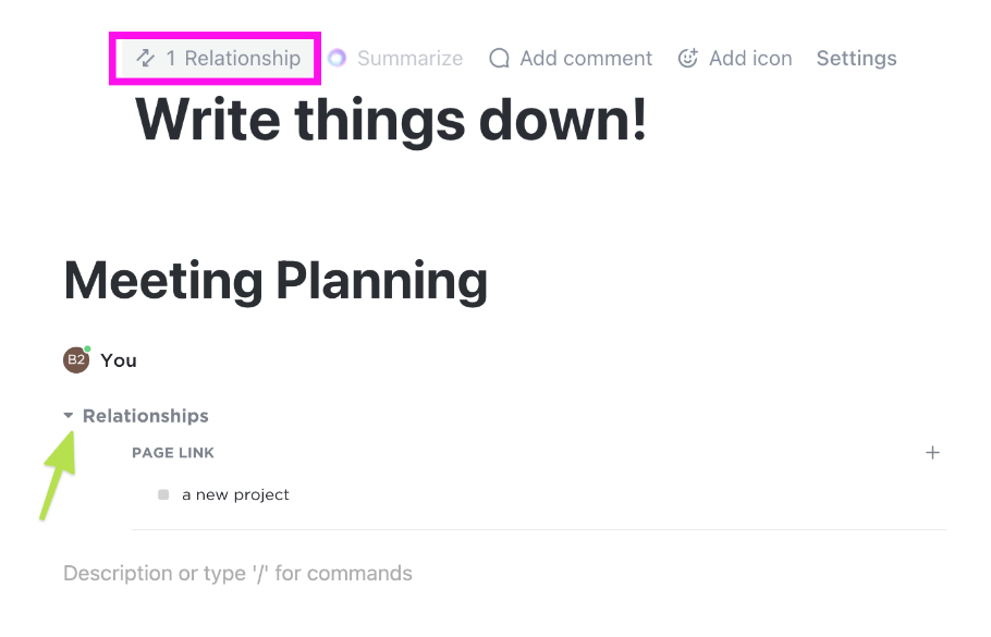 Organize o conteúdo do wiki com o recurso de categorização e vinculação de páginas do ClickUp para saber como criar um wiki pessoal