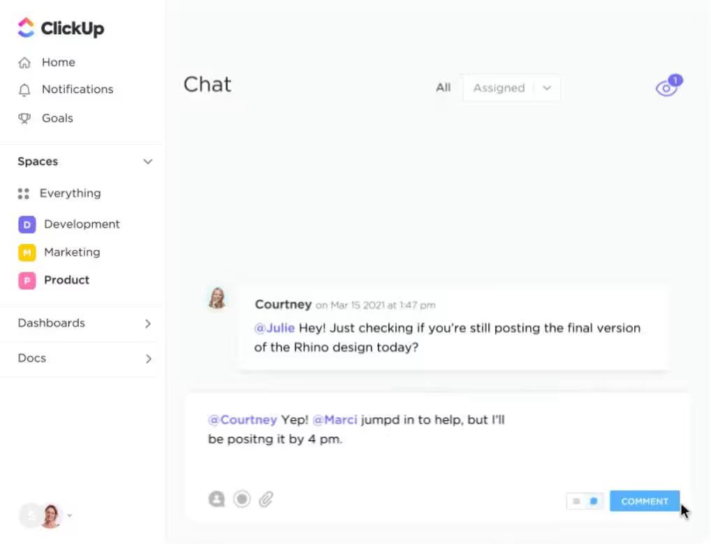 A screenshot of ClickUp's chat view, showing a conversation between team members with text messages, files, and @mentions