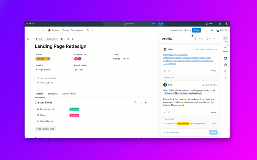 GIF showing ClickUp Brain in action—automating task updates, generating content, and assisting team collaboration within a landing page redesign project.