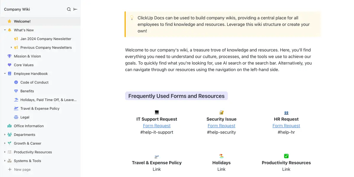 Crie um wiki abrangente para sua organização com o ClickUp Company Wiki Template