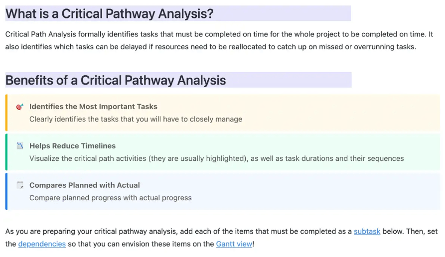 ClickUp Critical Pathway Analysis Template