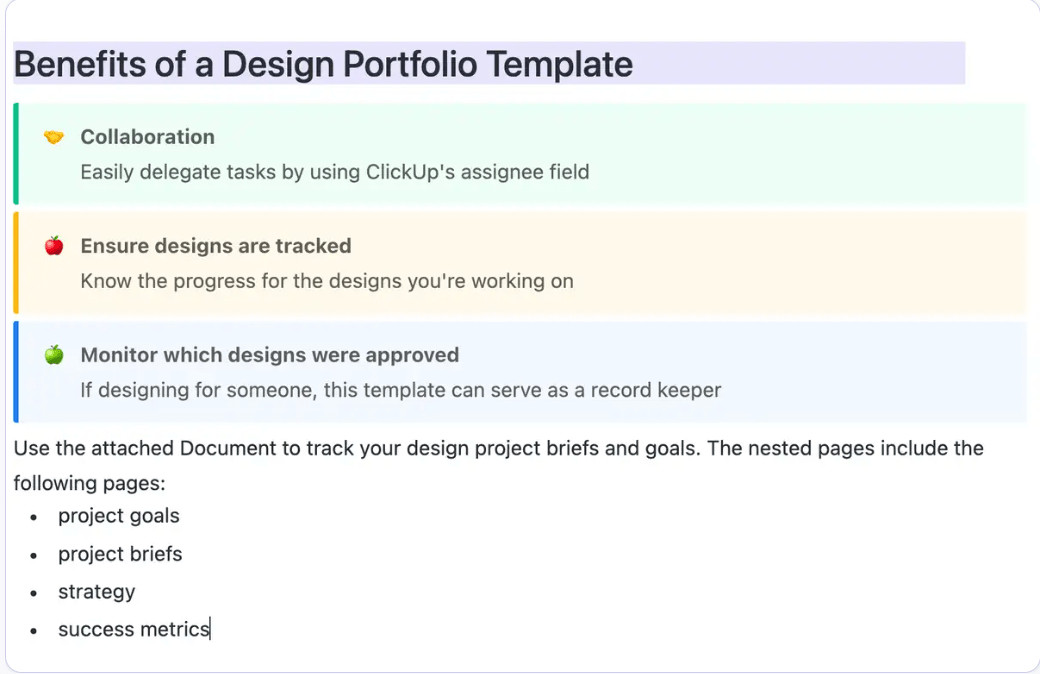 Crie e gerencie seus portfólios de forma eficiente com o modelo de tarefa de portfólio de design do ClickUp