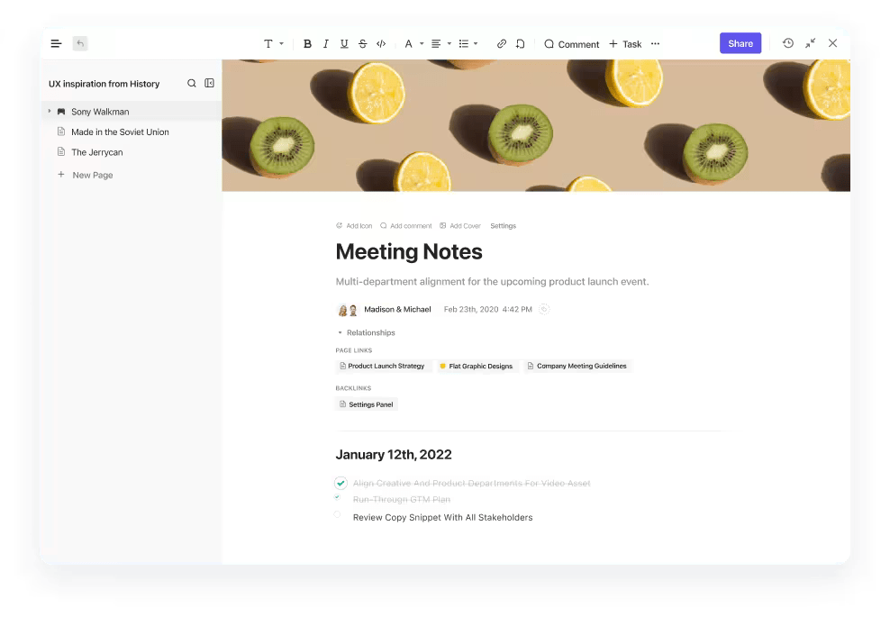 A snippet from the ClickUp's Docs window which helps with Robert’s Rule of Order for Meetings