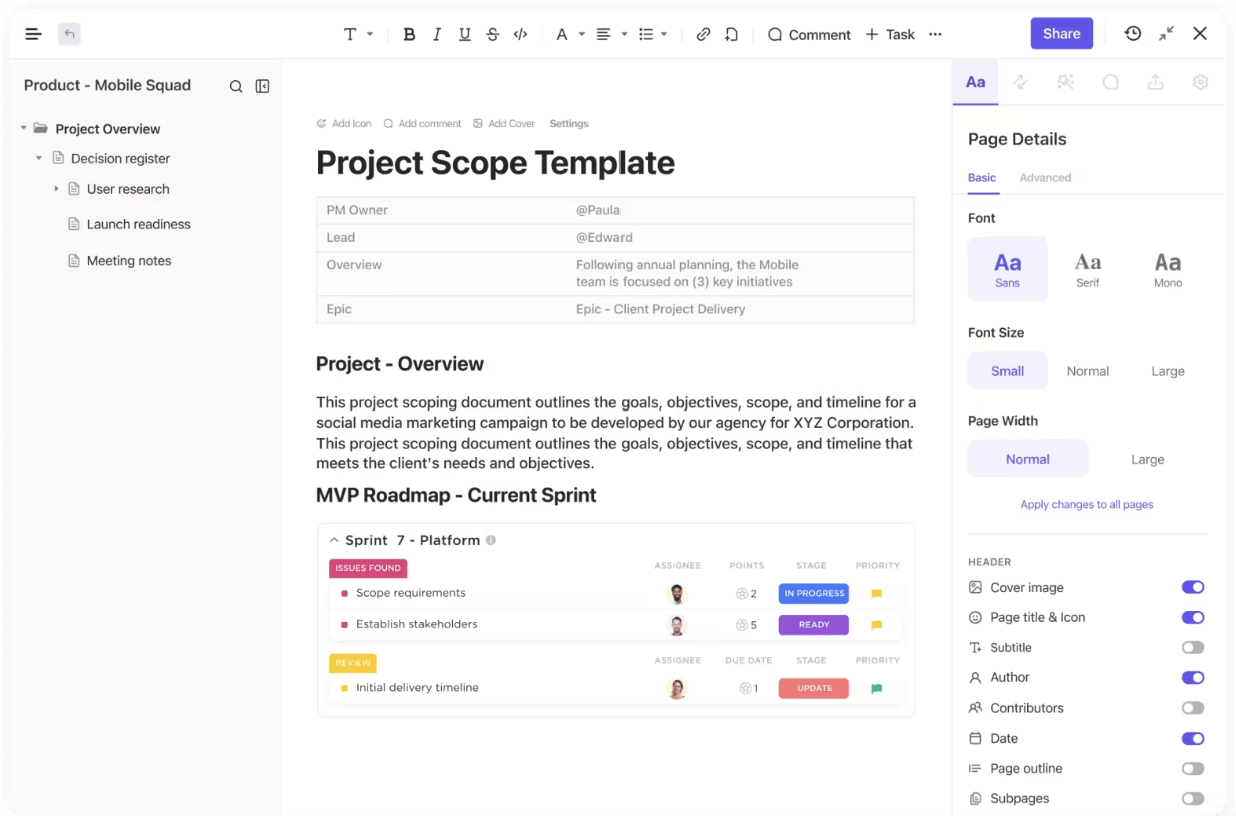 Choose ClickUp Docs to centralize all project and task information for the task owners