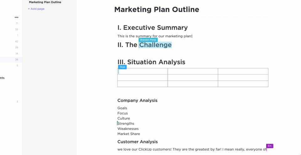 ClickUp Docs allows you to collaborate with your team in real time, ensuring that everyone is on the same page and up to date. Whether you're a Marketing Generalist managing diverse campaigns or a Marketing Specialist focusing on niche strategies, teamwork and seamless communication are essential for success.