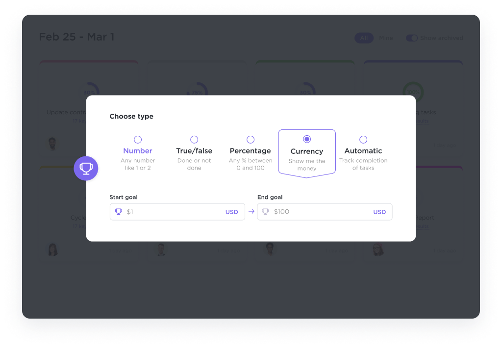 Measure success by tracking progress through numerical, monetary, true/false, and task targets with ClickUp Goals: sales and marketing strategy