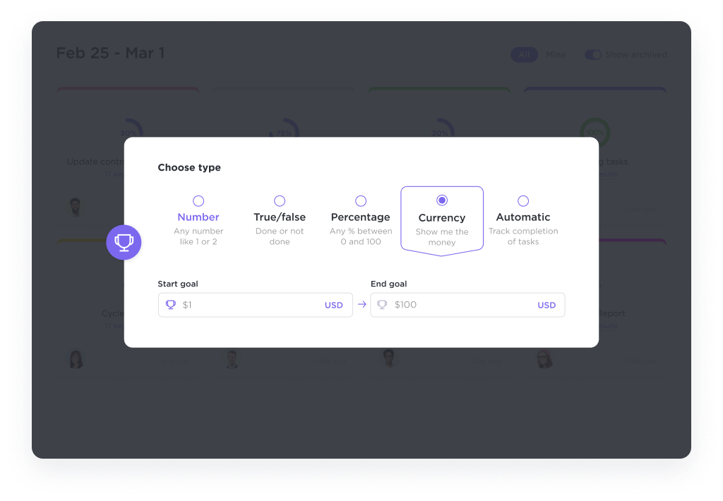 Erkunden Sie verschiedene Einzelziele in ClickUp Goals für die Vorbereitung von IT-Compliance-Audits