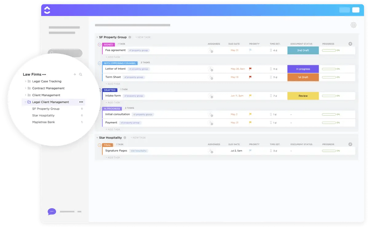 Zentralisieren Sie mandanten- und fallbezogene Informationen und kommunizieren Sie diese effizient mit der ClickUp Legal Client Management Vorlage