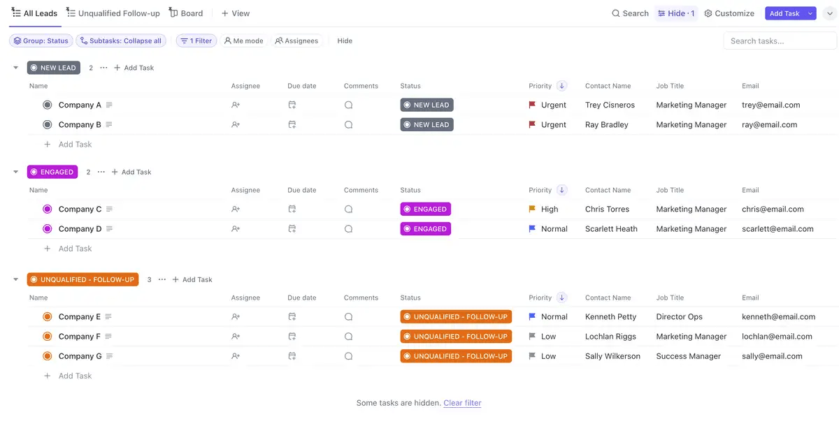 Gestione y realice un seguimiento de los clientes potenciales y mejore las interacciones con los clientes con la plantilla de CRM de ventas de ClickUp