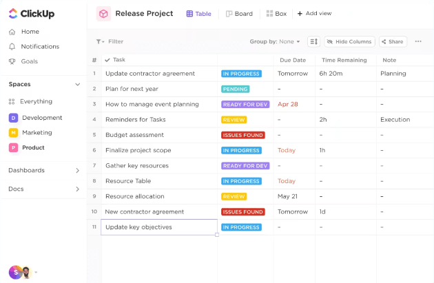 Vue Tableur de ClickUp