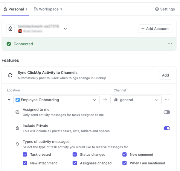 ClickUp을 Slack 채널에 동기화하기