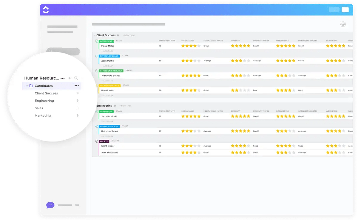 Utilizzate il modello di assunzione dei candidati di ClickUp per assunzioni moderne e monitoraggio dei candidati in modo efficiente