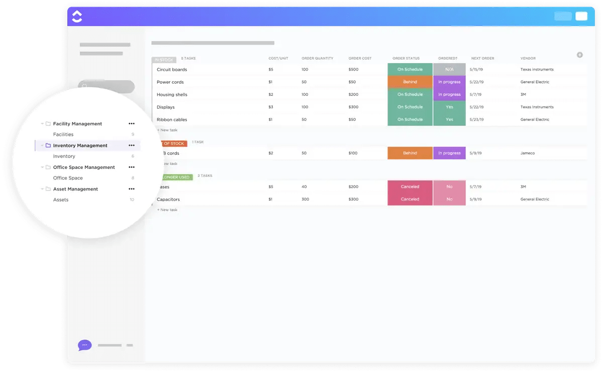 Armazene todos os detalhes do seu inventário em um único local com o software de inventário do ClickUp