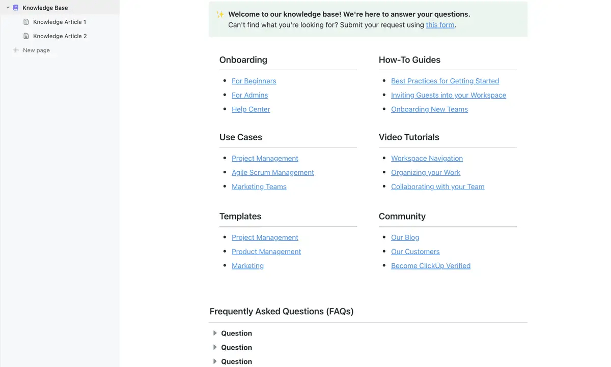 Organize e compartilhe informações de forma eficiente com o modelo de base de conhecimento do ClickUp