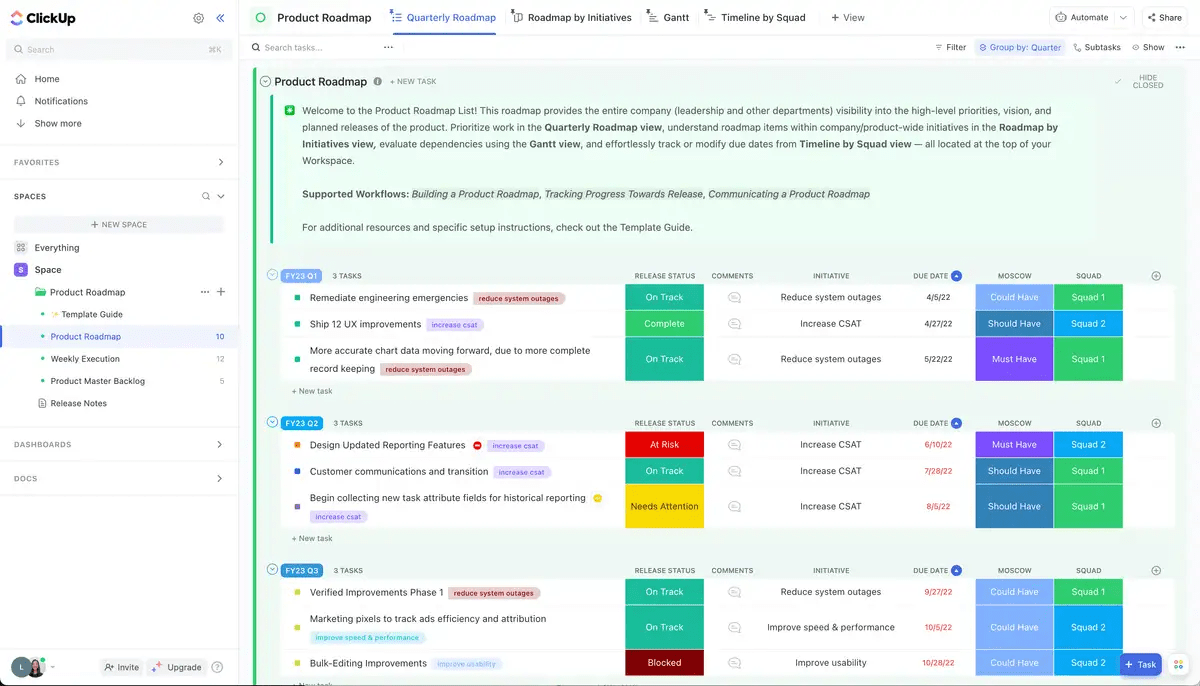 ClickUp’s Product Roadmap Template