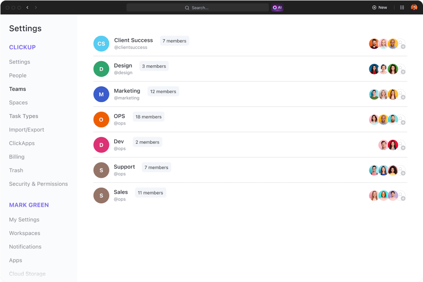 ClickUp's Teams dashboard showing different teams of an organization together.