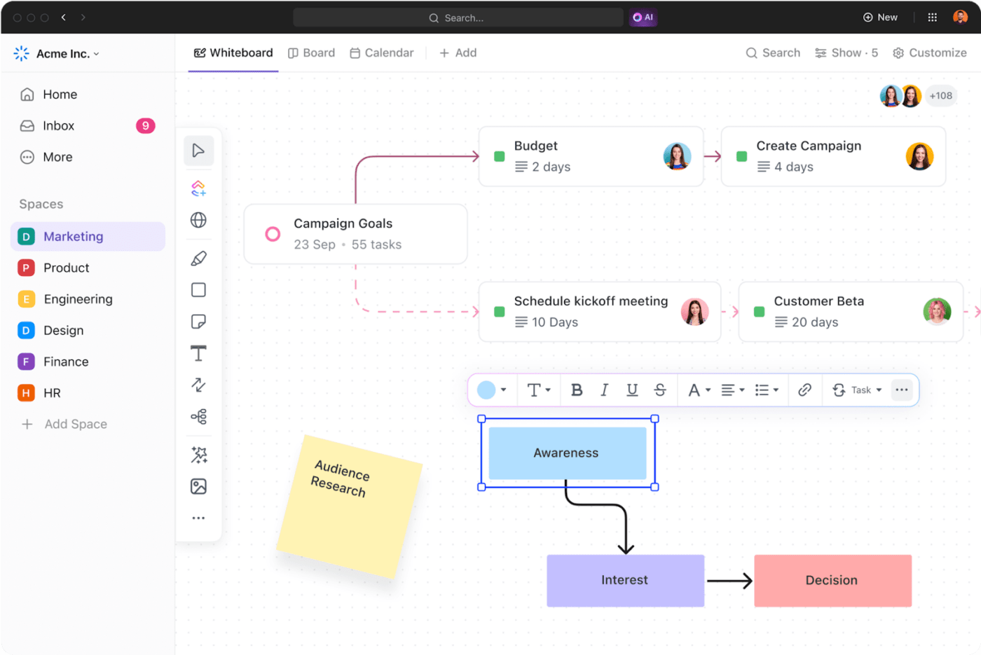 Utilisez les Tableaux blancs de ClickUp pour organiser des séances de brainstorming sur les flux de travail de développement en collaboration avec votre équipe