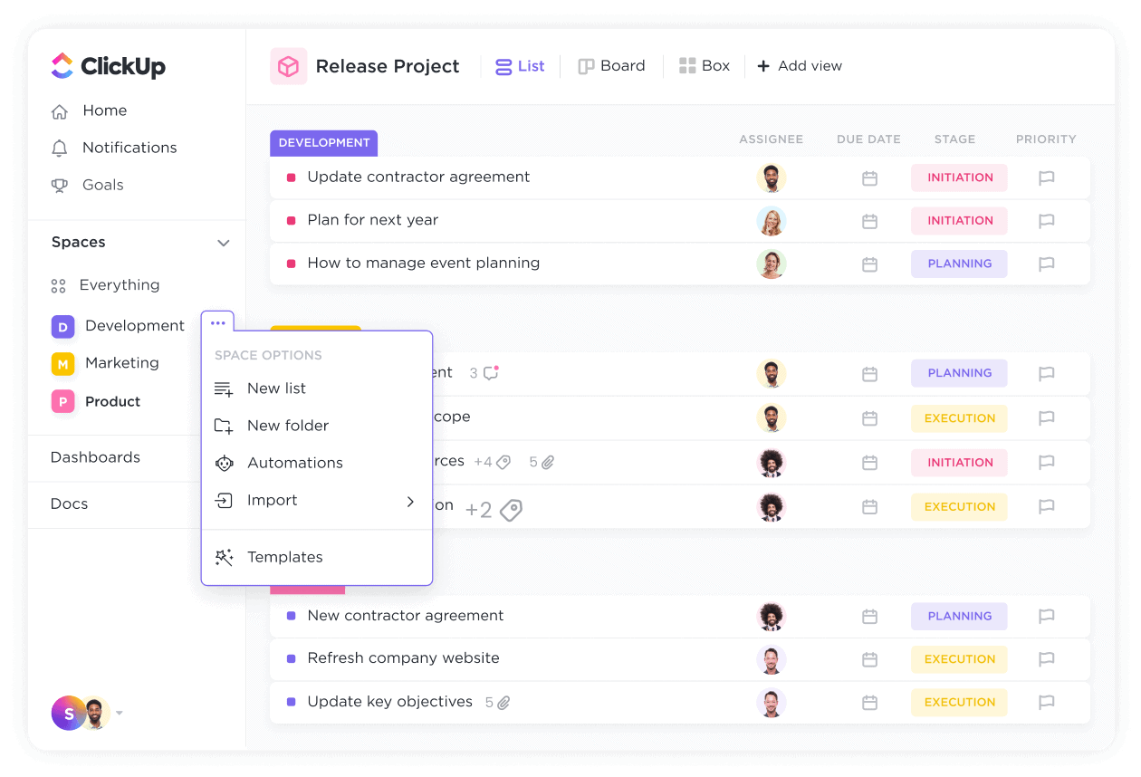 ClickUp의 사용자 지정 가능한 시간 관리용 스페이스(Spaces)