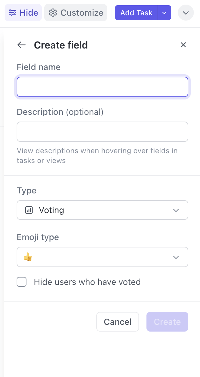 ClickUp's Voting Feature, das während Meetings läuft, um Robert's Rule of Order for Meetings zu unterstützen