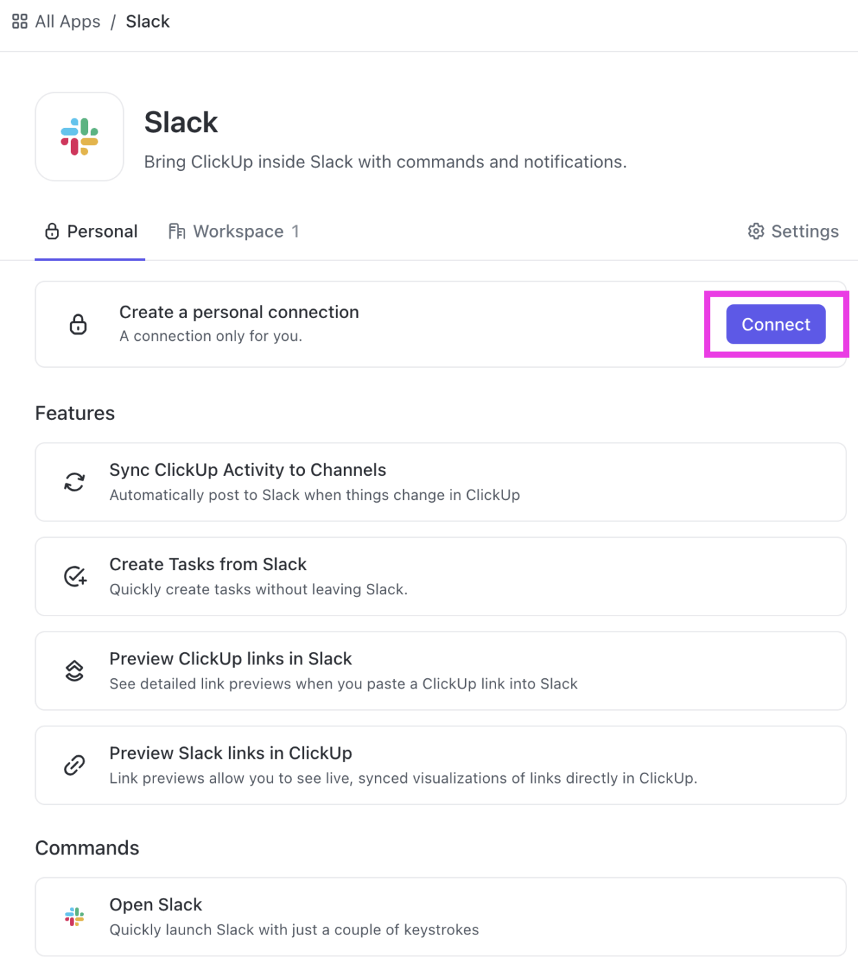 Connessione di Slack con ClickUp