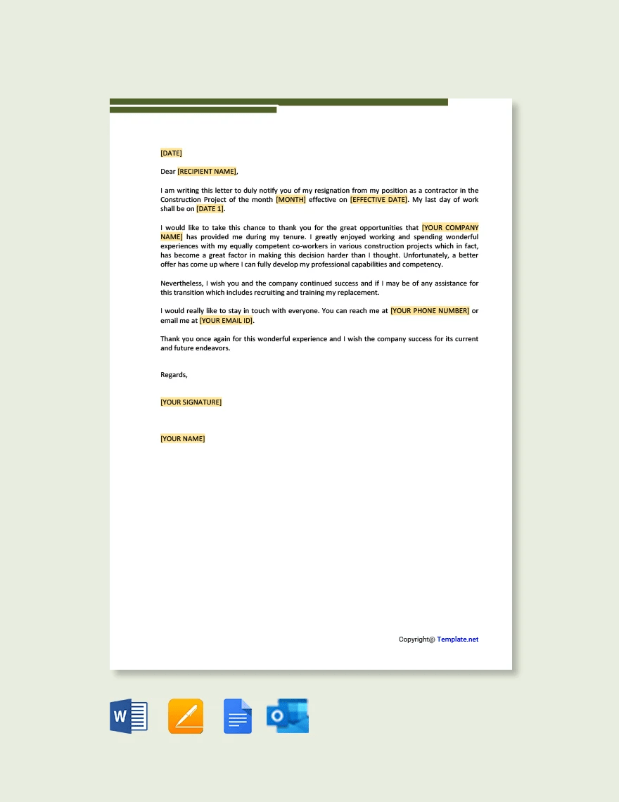 Contractor Resignation Letter Template by Template.Net