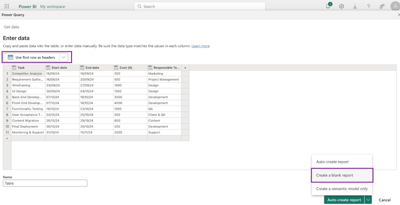 opção "Criar um relatório em branco" no Power BI