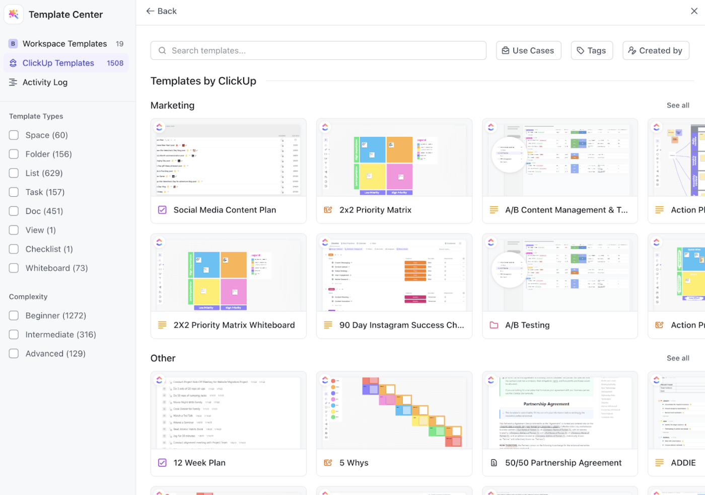 Pick and choose your template from ClickUp's vast and versatile template centre