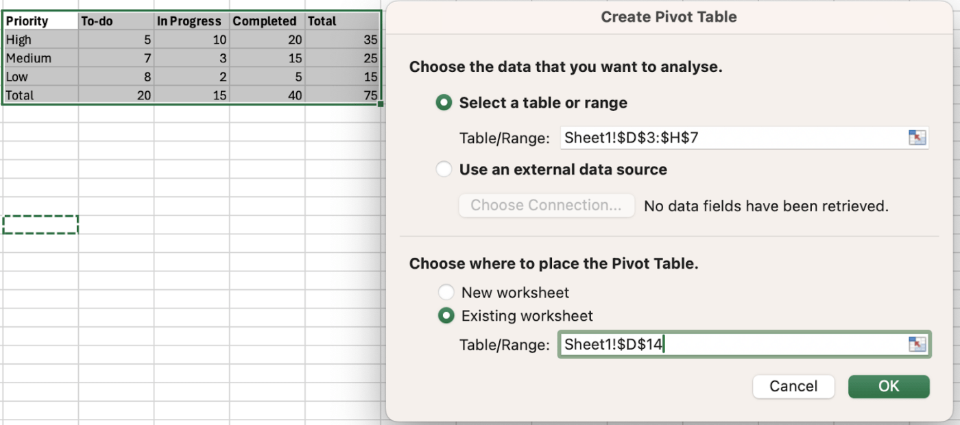 Erstellen einer PivotTable, um eine Kreuztabellenanalyse zu erledigen