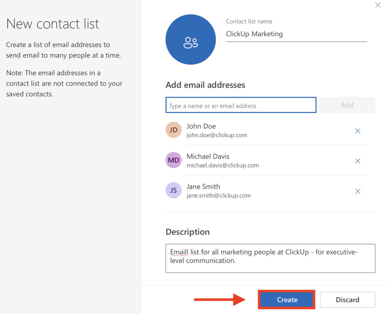 Quickly create a distribution list in Outlook with ClickUp.