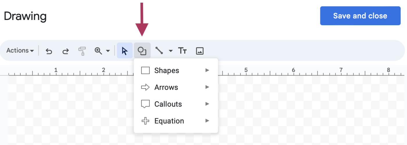 Creating a new shape from the 'Drawing' panel in Google Docs