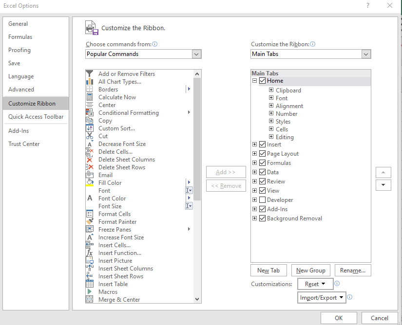 Sélectionnez "Personnaliser le ruban" dans la boîte de dialogue